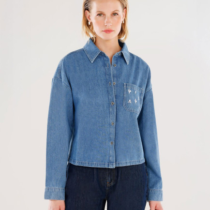 YARGICI Nakışlı Detaylı Uzun Kollu Denim Gömlek YARGICI Nakışlı Detaylı Uzun Kollu Denim Gömlek