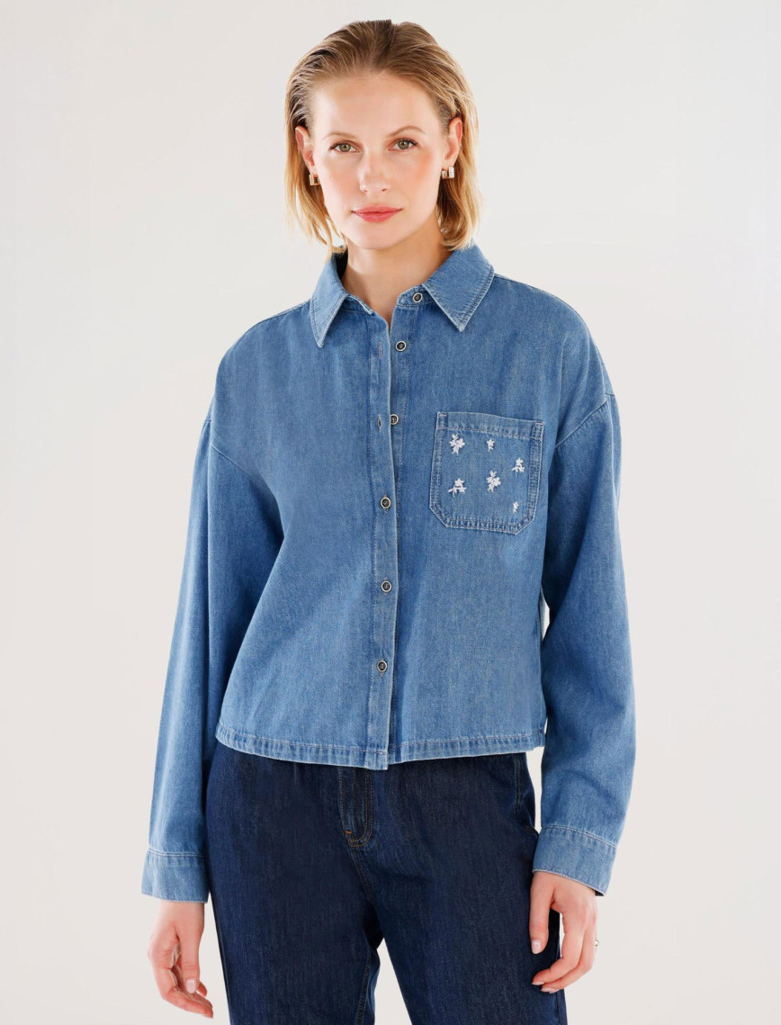 YARGICI Nakışlı Detaylı Uzun Kollu Denim Gömlek YARGICI Nakışlı Detaylı Uzun Kollu Denim Gömlek