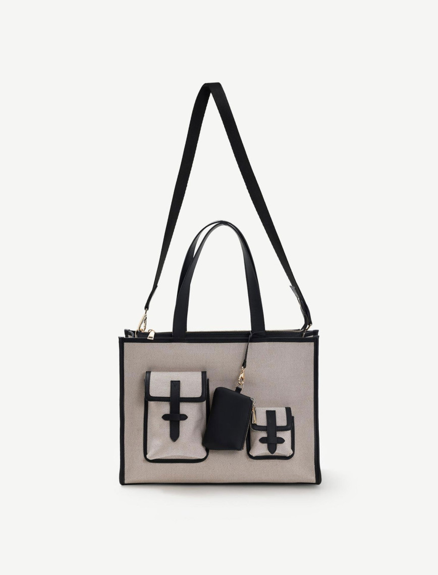 Cep Detaylı Deri Garnili Canvas Omuz Çantası Cep Detaylı Deri Garnili Canvas Omuz Çantası