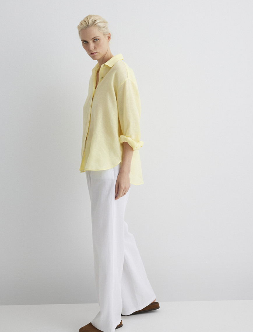 Mavi Keten Karışımlı Beyaz Pantolon 1010686-620 Mavi Keten Karışımlı Beyaz Pantolon 1010686-620