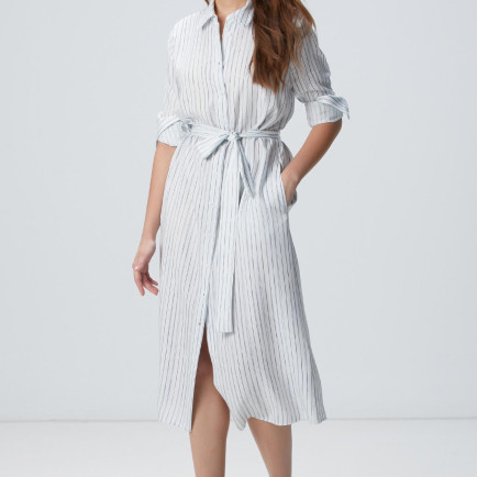 Network Kadın Kırık Beyaz Kuşak Bağlamalı Çizgili Midi Gömlek Elbise Network Kadın Kırık Beyaz Kuşak Bağlamalı Çizgili Midi Gömlek Elbise