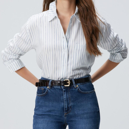 Network Kadın Kırık Beyaz Çizgi Desemli Geniş Kalıp Tencel Gömlek Network Kadın Kırık Beyaz Çizgi Desemli Geniş Kalıp Tencel Gömlek