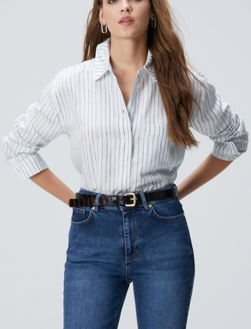 Network Kadın Kırık Beyaz Çizgi Desemli Geniş Kalıp Tencel Gömlek Network Kadın Kırık Beyaz Çizgi Desemli Geniş Kalıp Tencel Gömlek