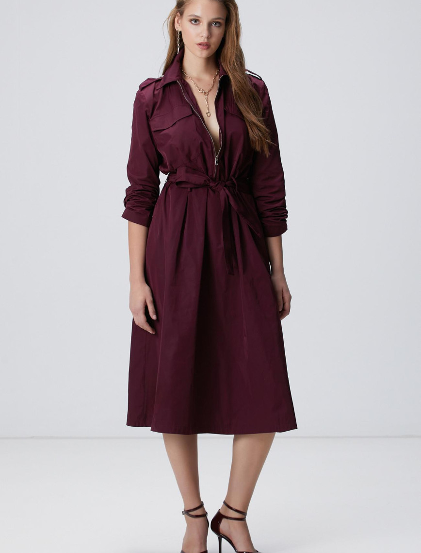 Network Kadın Vişne Midi Kuşaklı Elbise