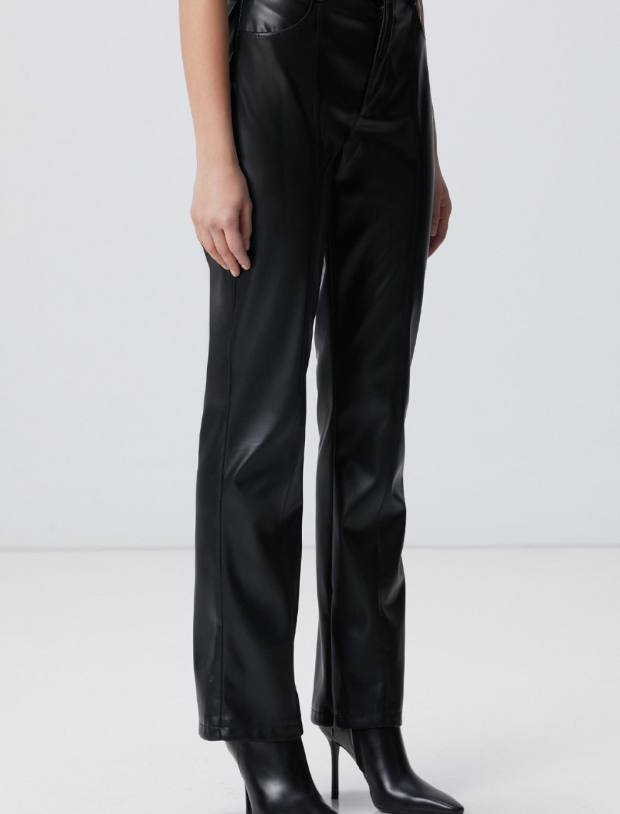 Network Kadın Siyah Kesik Detaylı Deri Pantolon Network Kadın Siyah Kesik Detaylı Deri Pantolon