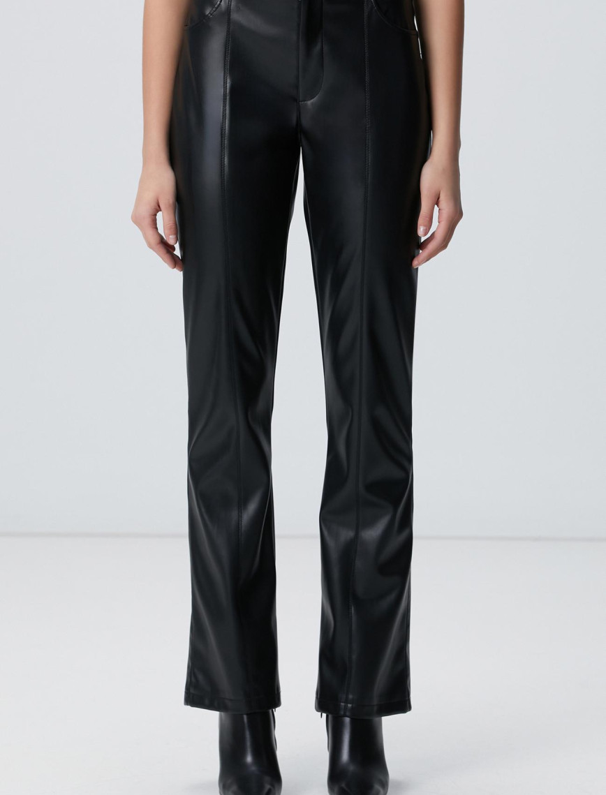 Network Kadın Siyah Kesik Detaylı Deri Pantolon Network Kadın Siyah Kesik Detaylı Deri Pantolon