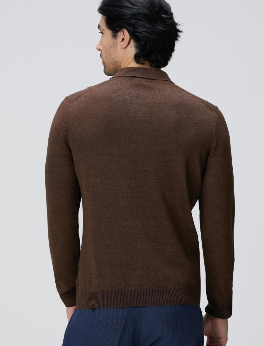 Network Erkek Kahverengi Polo Yaka Keten Karışımlı Triko Kazak Network Erkek Kahverengi Polo Yaka Keten Karışımlı Triko Kazak