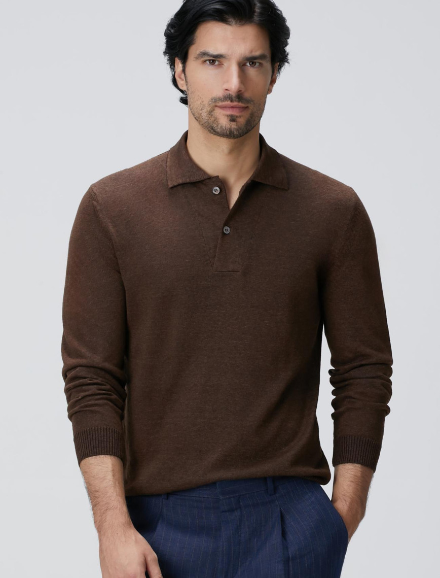Network Erkek Kahverengi Polo Yaka Keten Karışımlı Triko Kazak Network Erkek Kahverengi Polo Yaka Keten Karışımlı Triko Kazak