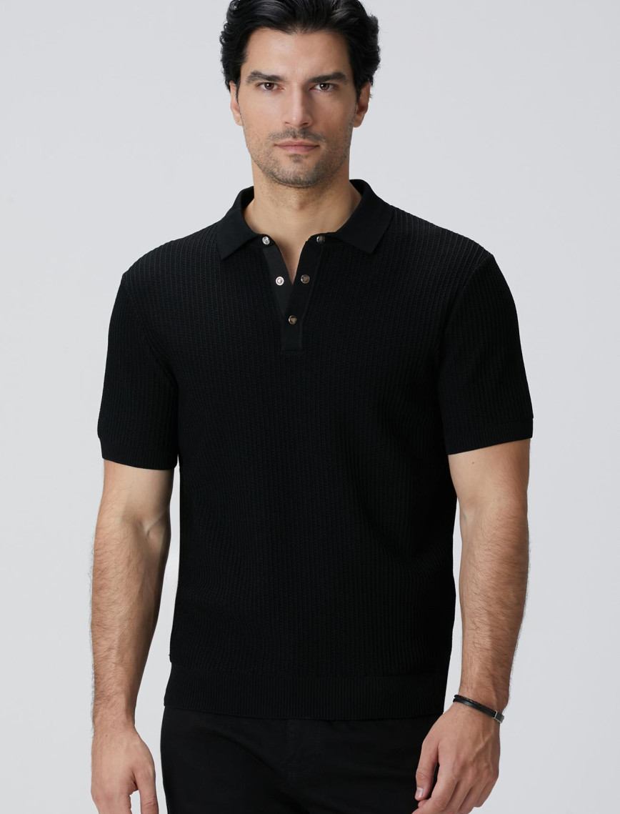 Network Erkek Siyah Polo Yaka Düğmeli Triko Kazak Network Erkek Siyah Polo Yaka Düğmeli Triko Kazak