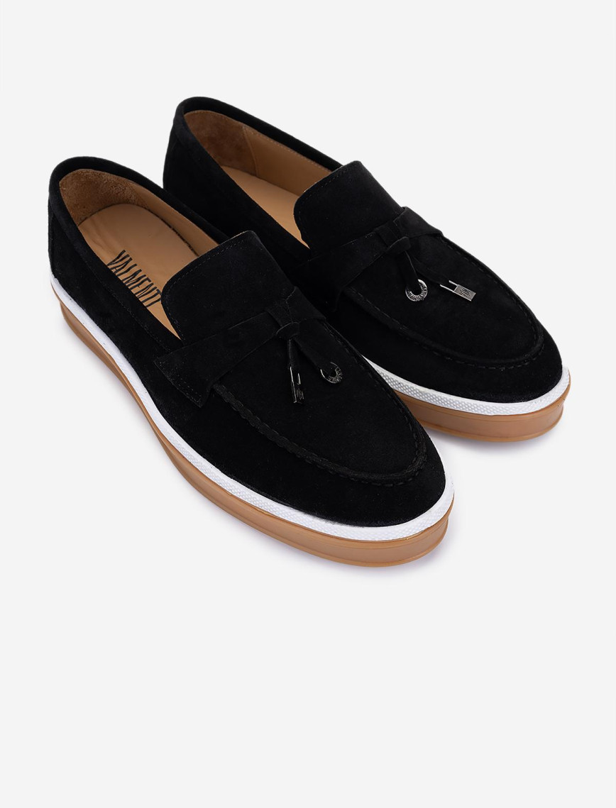 Valmenti Erkek Hakiki Deri Siyah Süet Loafer Ayakkabı