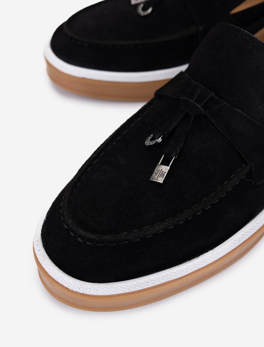 Valmenti Erkek Hakiki Deri Siyah Süet Loafer Ayakkabı