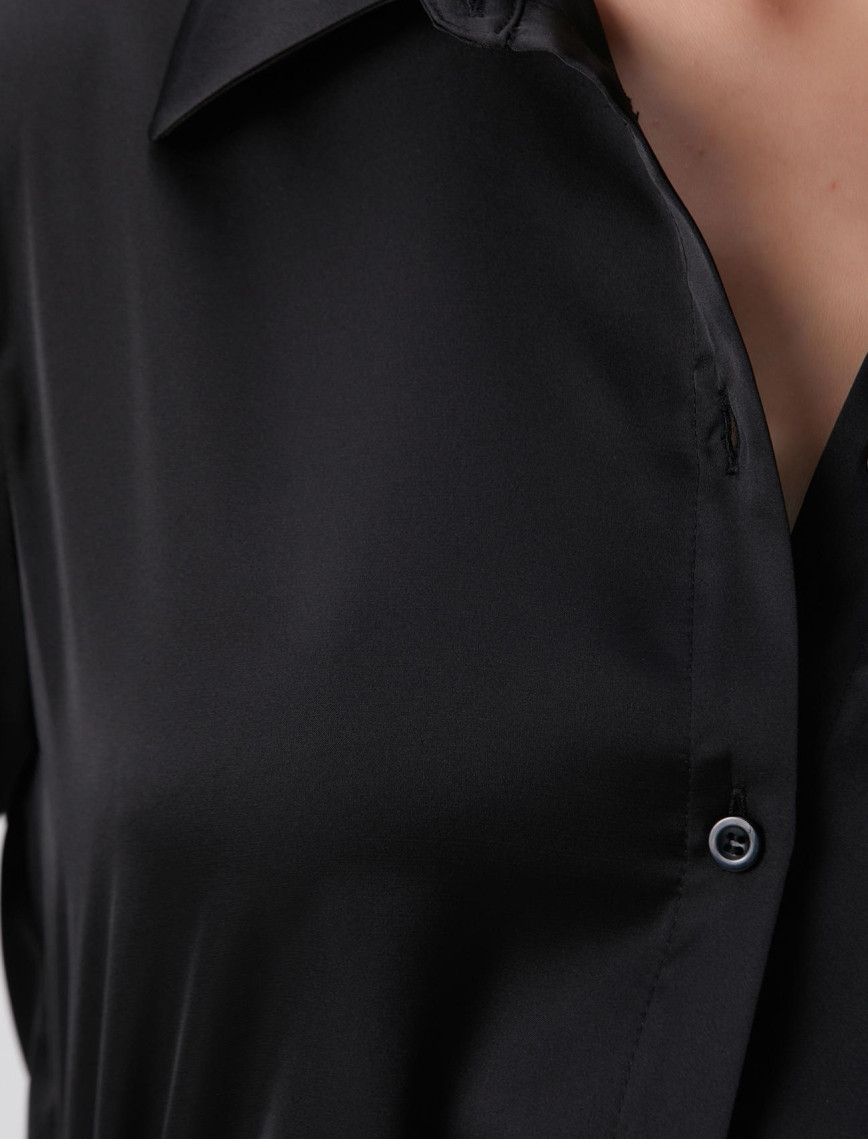 Network Kadın Siyah Geniş Manşetli Saten Gömlek