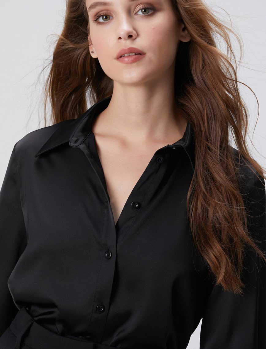 Network Kadın Siyah Geniş Manşetli Saten Gömlek