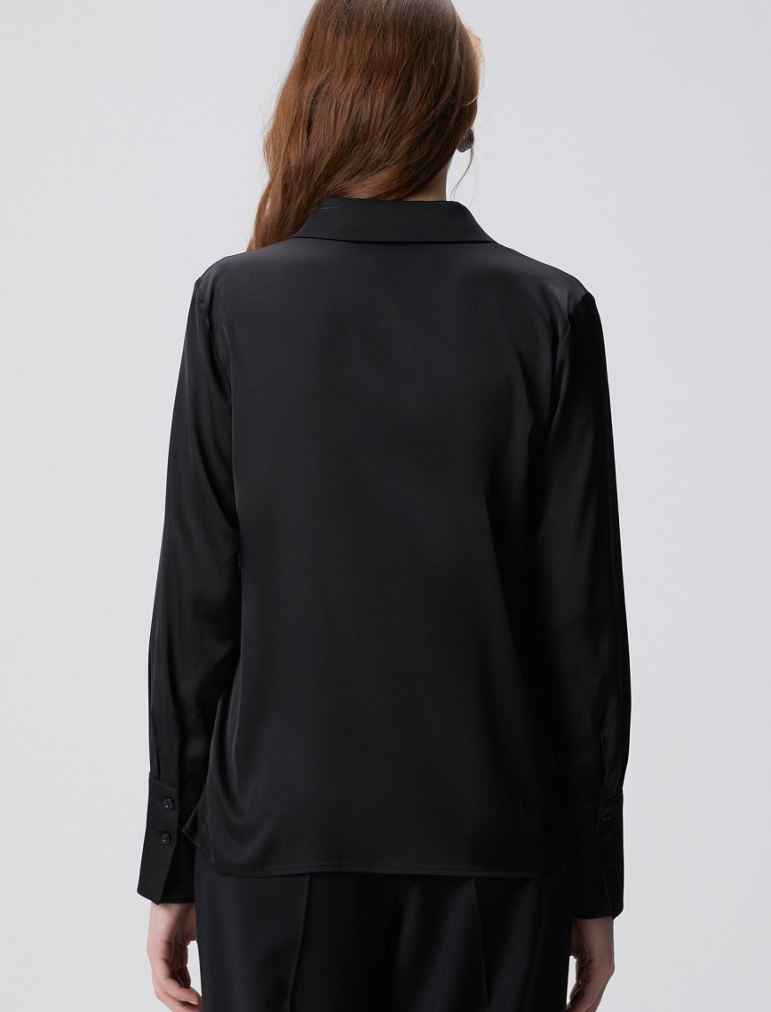 Network Kadın Siyah Geniş Manşetli Saten Gömlek