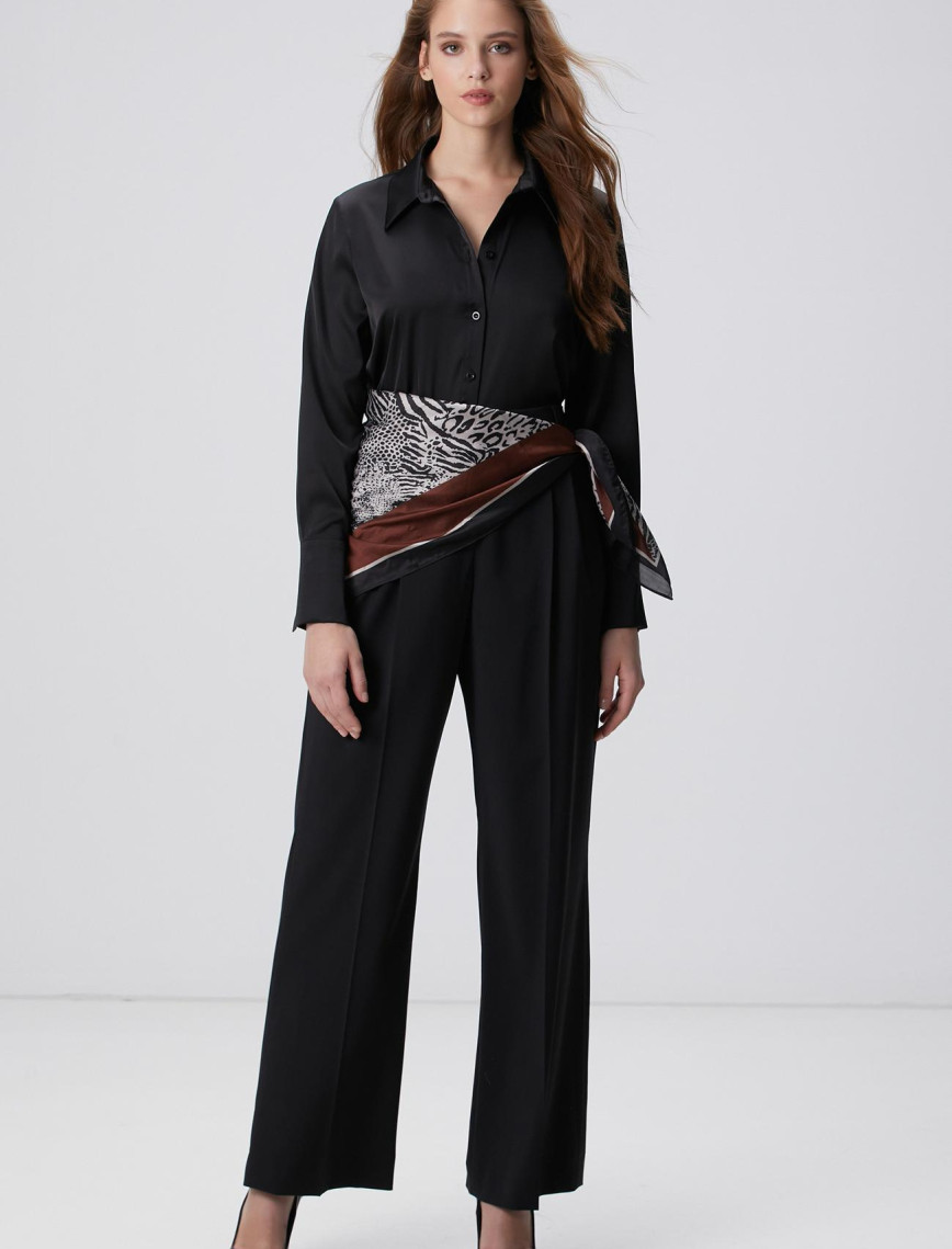 Network Kadın Siyah Geniş Manşetli Saten Gömlek