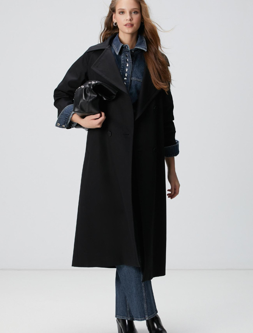 Network Kadın Siyah Kruvaze Trench Coat