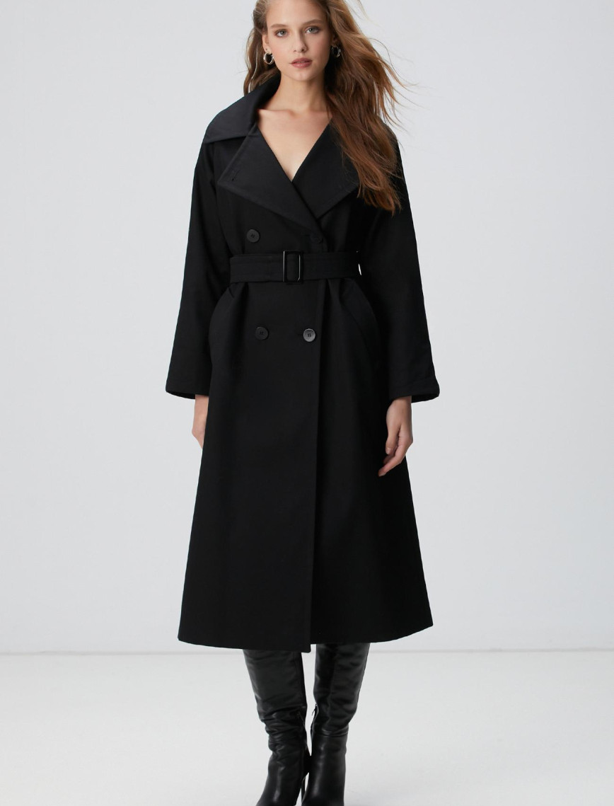 Network Kadın Siyah Kruvaze Trench Coat