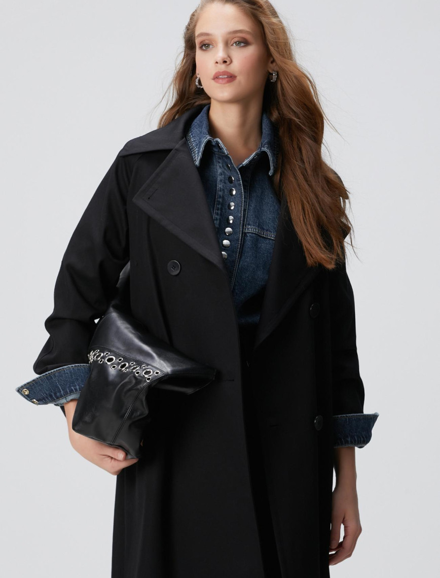 Network Kadın Siyah Kruvaze Trench Coat