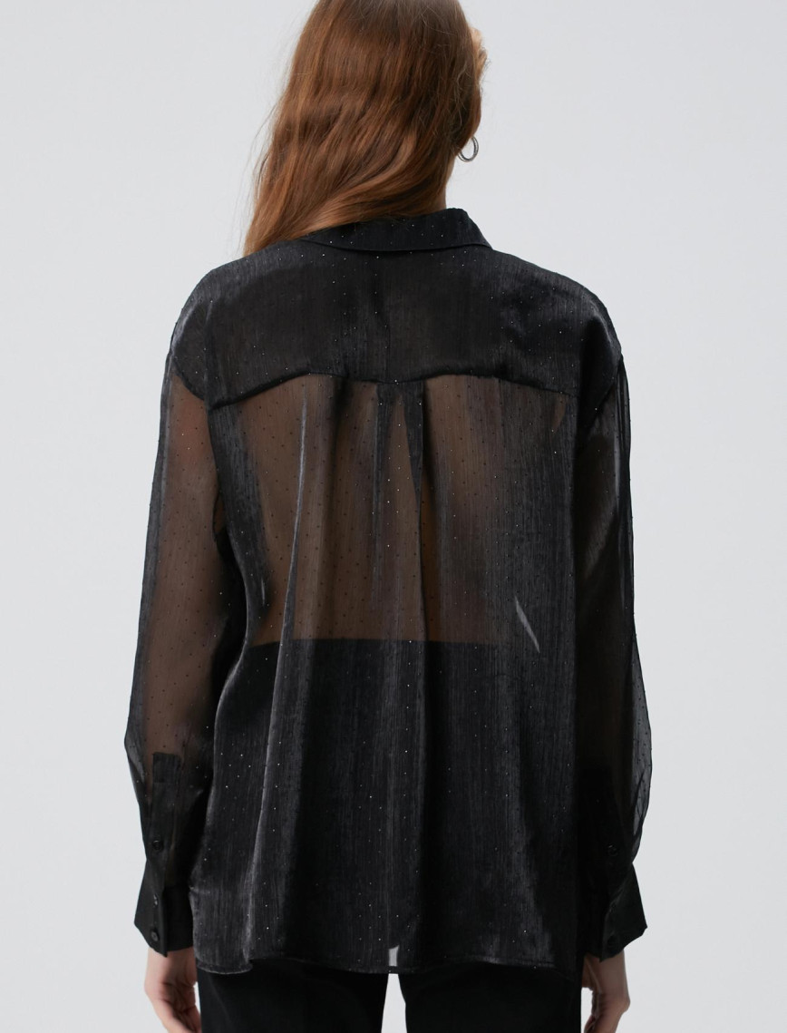 Network Kadın Siyah Cepsiz Taş Baskılı Organze Gömlek