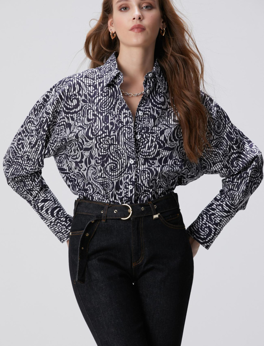 Network Kadın Lacivert Beyaz Desenli Gömlek Network Kadın Lacivert Beyaz Desenli Gömlek