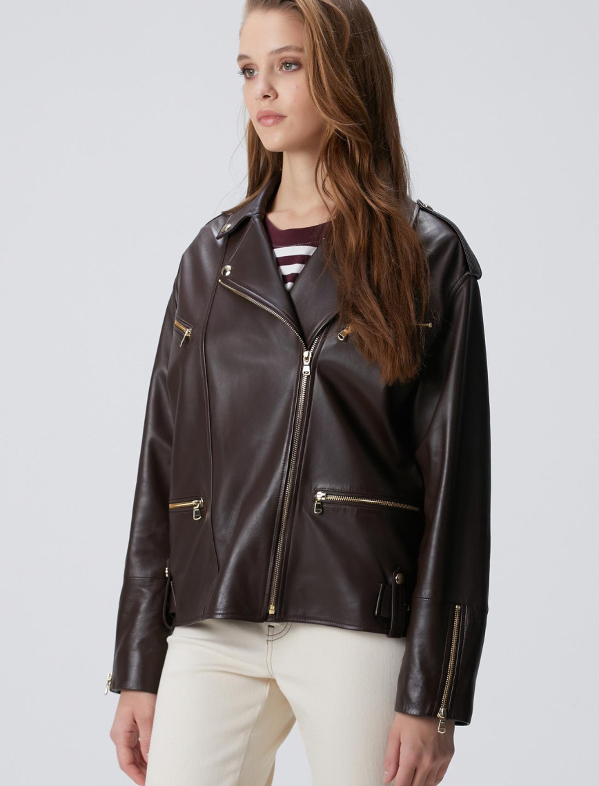 Network Kadın Acı Kahve Biker Deri Mont Network Kadın Acı Kahve Biker Deri Mont