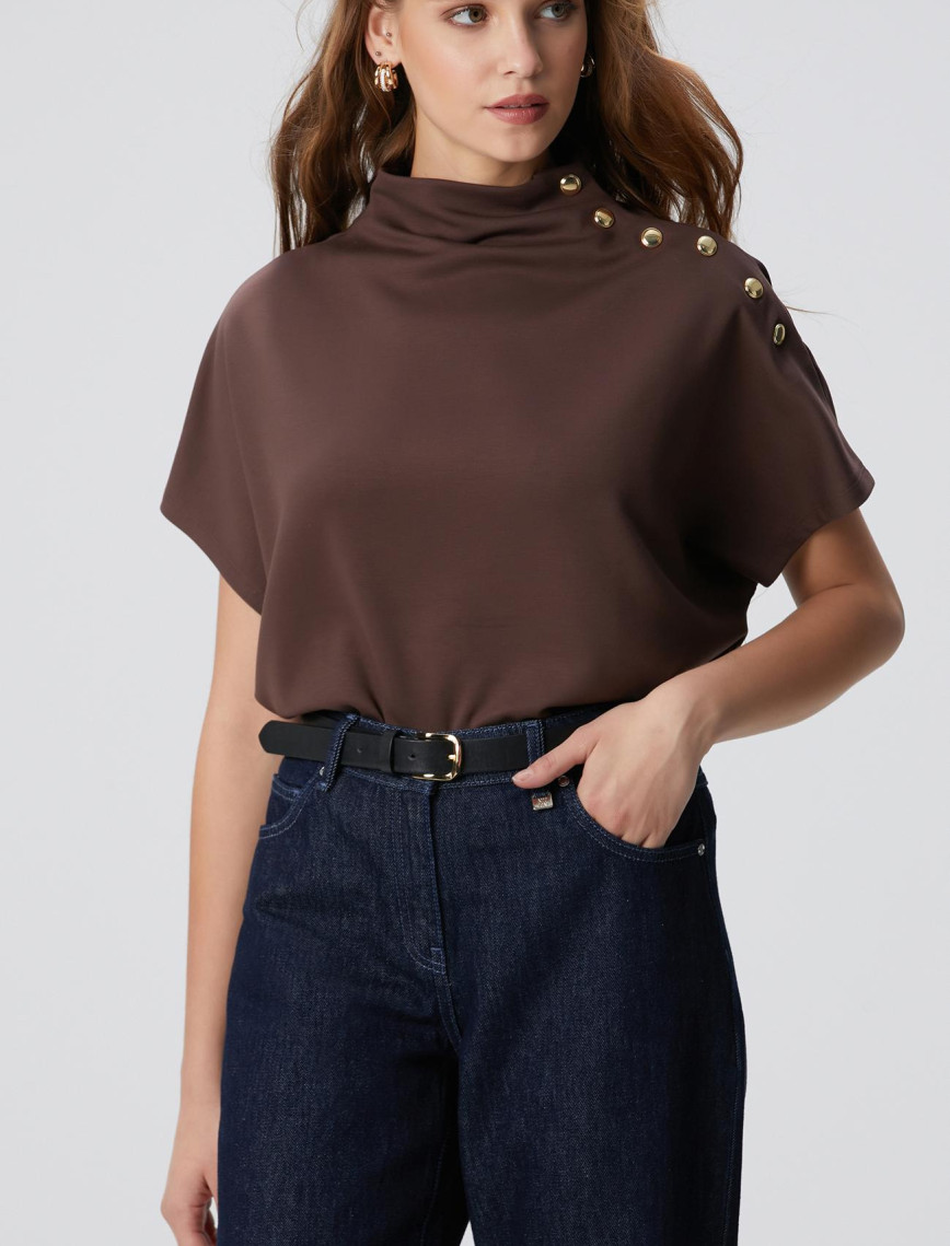 Network Kadın Acı Kahve Çıtçıt Detaylı T-shirt Network Kadın Acı Kahve Çıtçıt Detaylı T-shirt