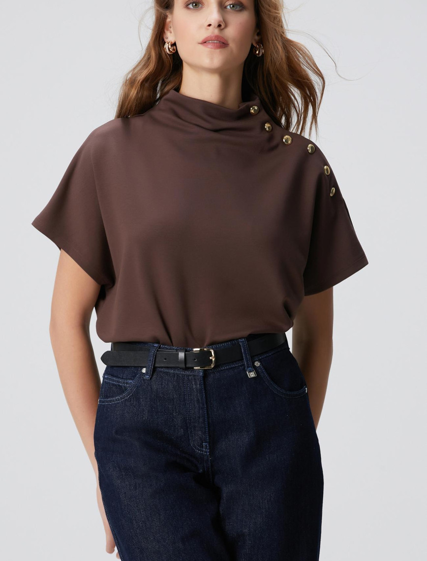 Network Kadın Acı Kahve Çıtçıt Detaylı T-shirt Network Kadın Acı Kahve Çıtçıt Detaylı T-shirt