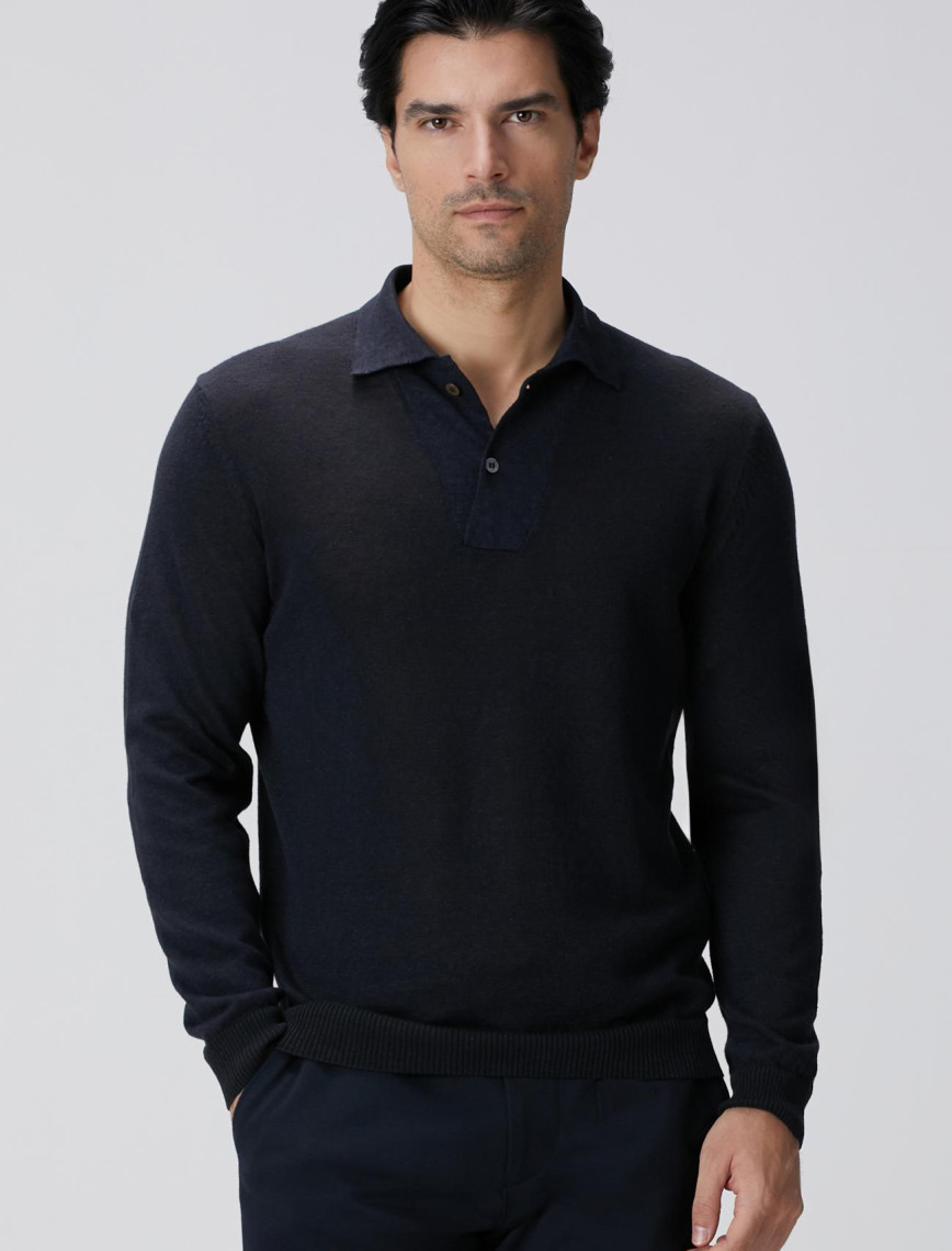 Network Erkek Lacivert Polo Yaka Keten Karışımlı Triko Kazak Network Erkek Lacivert Polo Yaka Keten Karışımlı Triko Kazak