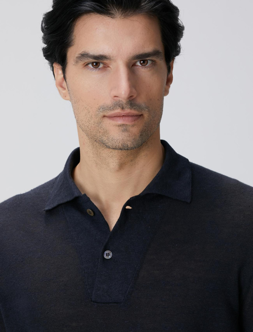 Network Erkek Lacivert Polo Yaka Keten Karışımlı Triko Kazak Network Erkek Lacivert Polo Yaka Keten Karışımlı Triko Kazak