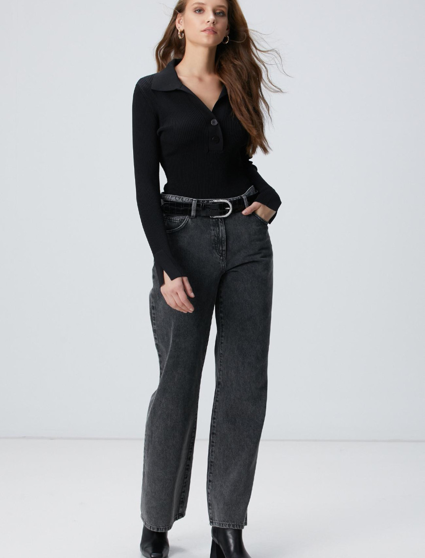 Network Kadın Siyah Düğme Detaylı Triko Kazak Network Kadın Siyah Düğme Detaylı Triko Kazak