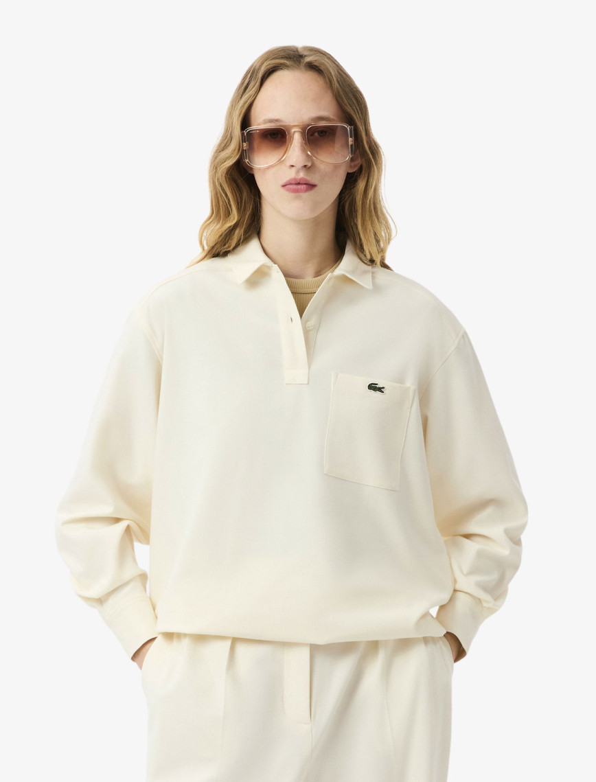 Lacoste Kadın Oversize Fit Polo Yaka Krem Sweatshirt
