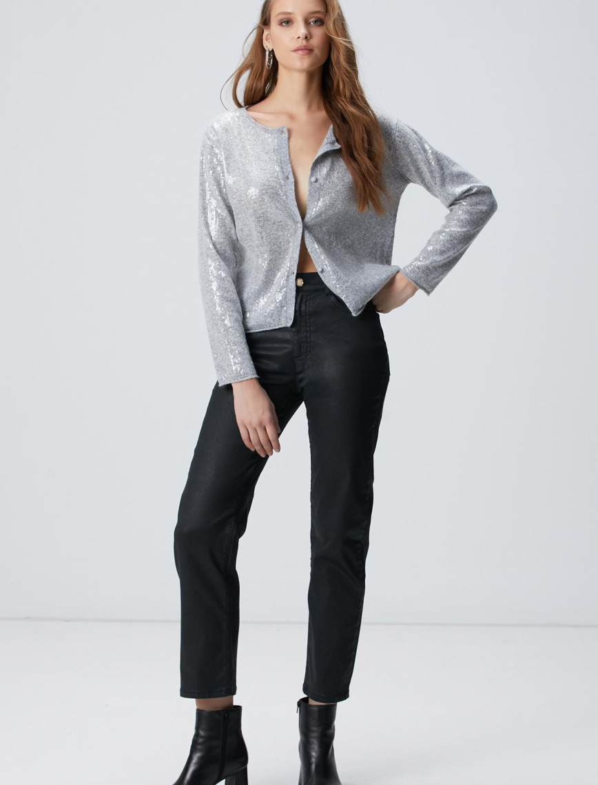 Network Kadın Açık Gri Melanj Payetli Hırka Network Kadın Açık Gri Melanj Payetli Hırka