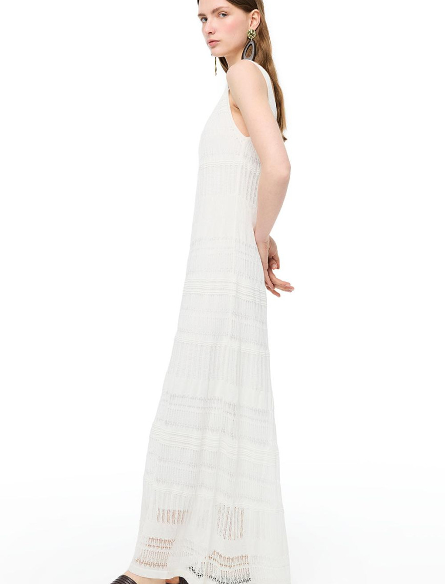 Beyaz Düz Örgü Uzun Triko Elbise