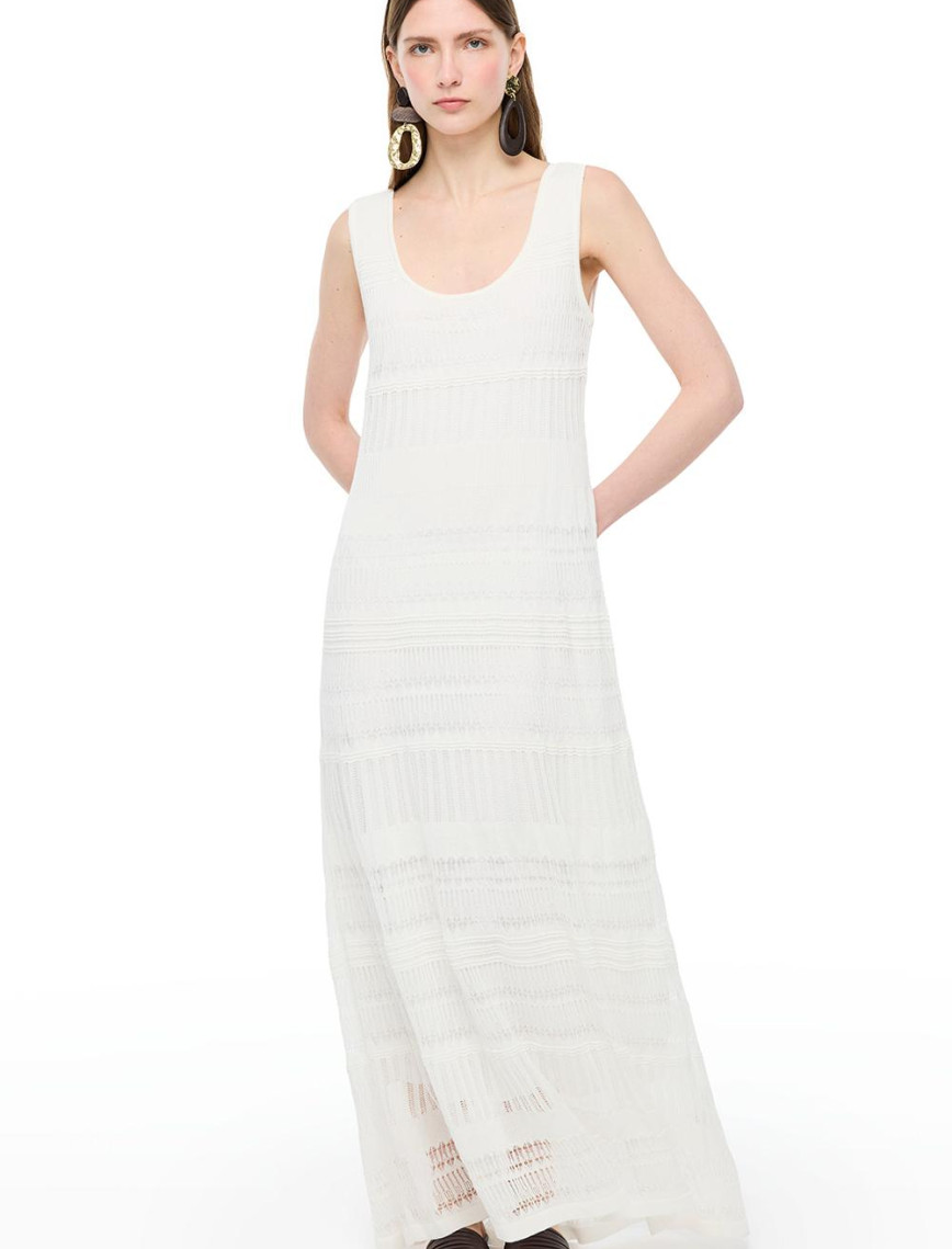 Beyaz Düz Örgü Uzun Triko Elbise