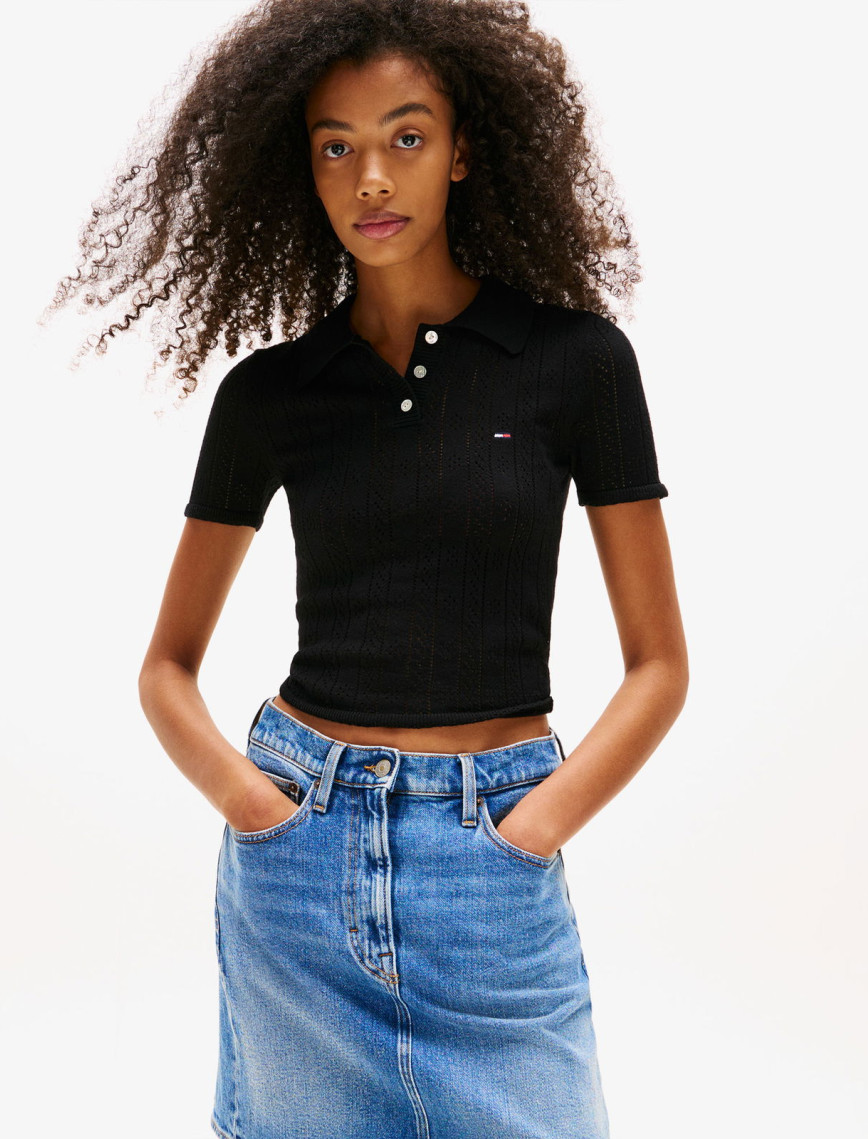 Tommy Jeans Pointelle Kadın Siyah Triko Polo Tommy Jeans Pointelle Kadın Siyah Triko Polo