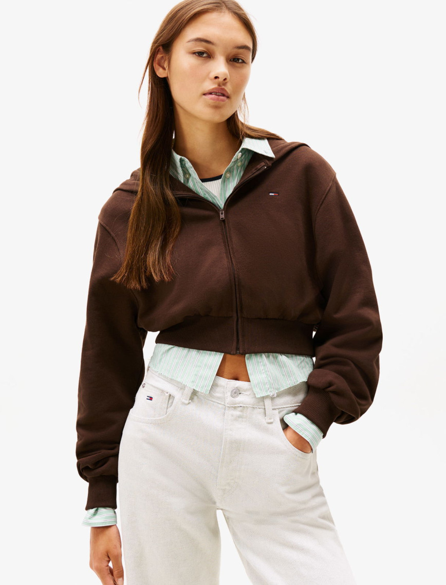 Tommy Jeans Relax Crop S-Flag Kadın Kahverengi Fermuarlı Hoodie