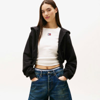 Tommy Jeans Relax Crop S-Flag Kadın Siyah Fermuarlı Hoodie