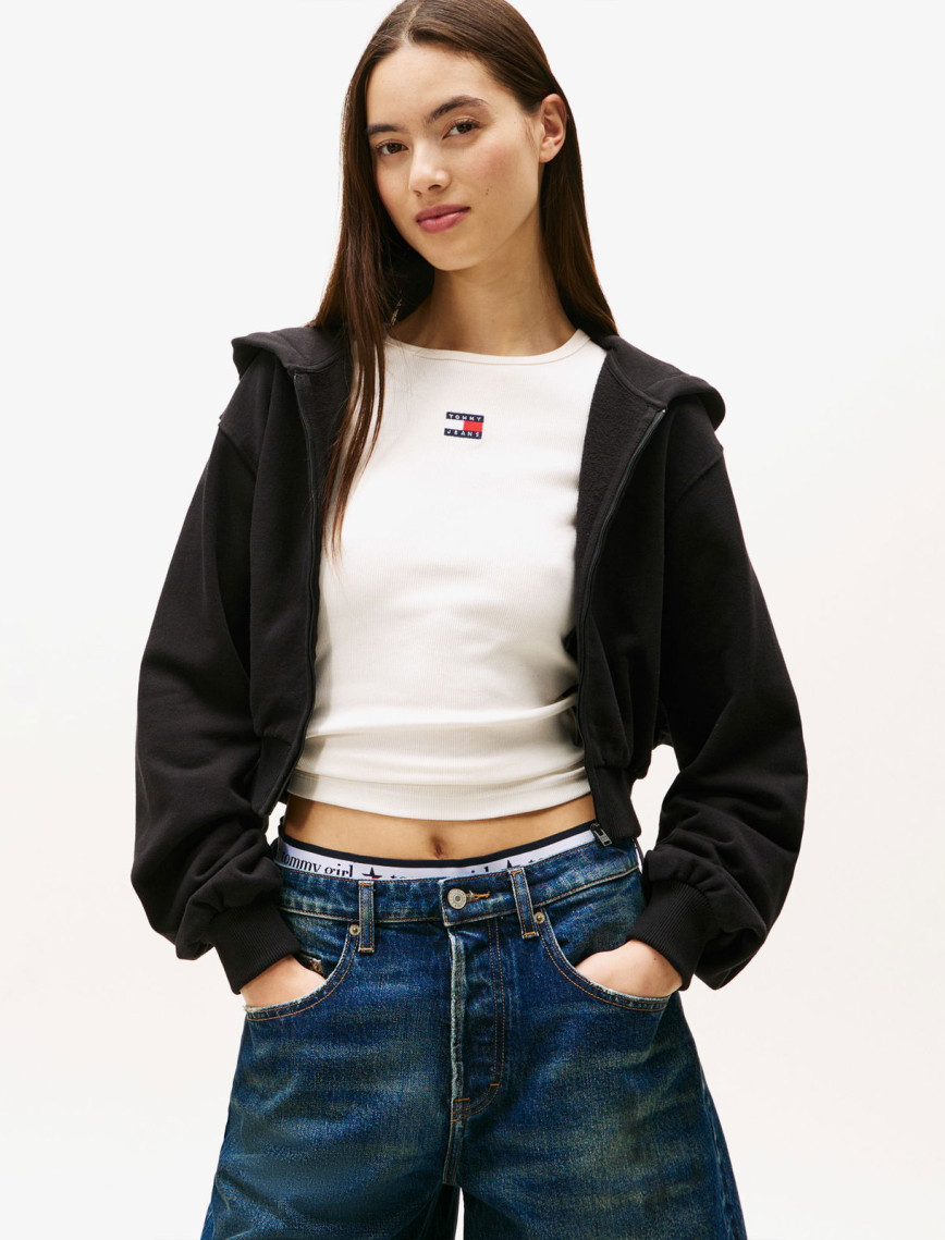 Tommy Jeans Relax Crop S-Flag Kadın Kahverengi Fermuarlı Hoodie