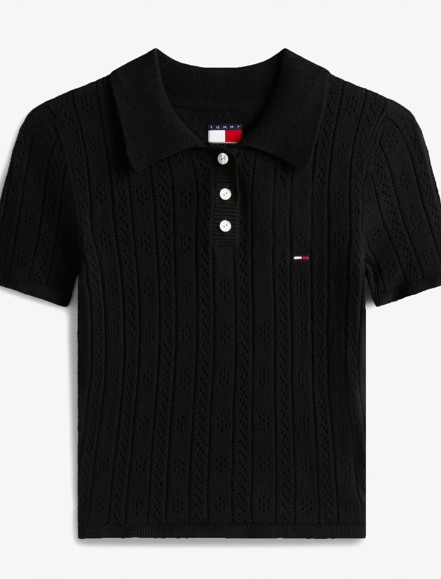 Tommy Jeans Pointelle Kadın Siyah Triko Polo Tommy Jeans Pointelle Kadın Siyah Triko Polo