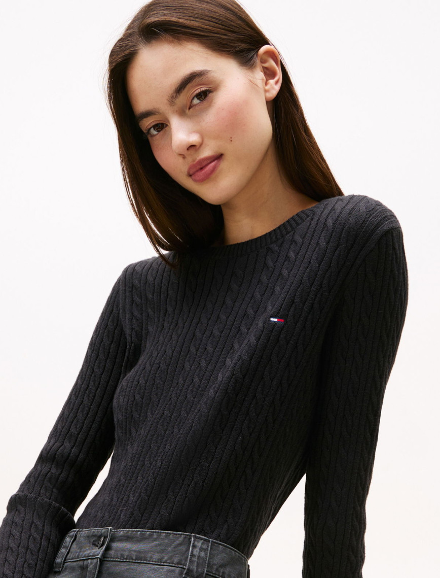 Tommy Jeans Cable Essential Kadın Siyah Kazak Tommy Jeans Cable Essential Kadın Siyah Kazak