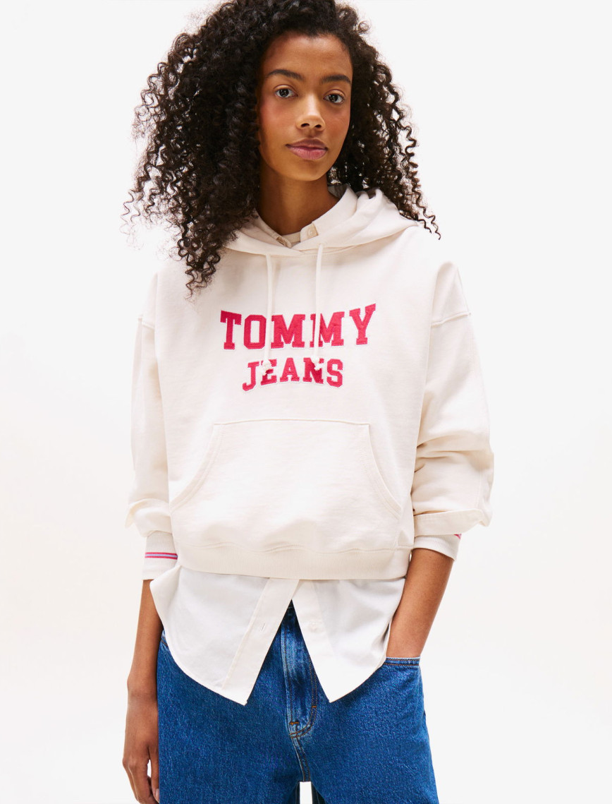 Tommy Jeans Crop Varsity Kadın Beyaz Hoodie Tommy Jeans Crop Varsity Kadın Beyaz Hoodie