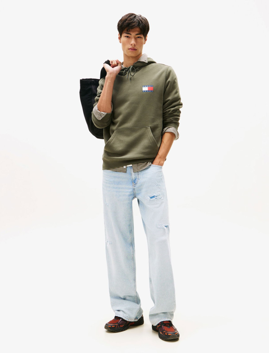 Tommy Jeans Regular Essential Flag Hood Erkek Yeşil Hoodie Tommy Jeans Regular Essential Flag Hood Erkek Yeşil Hoodie