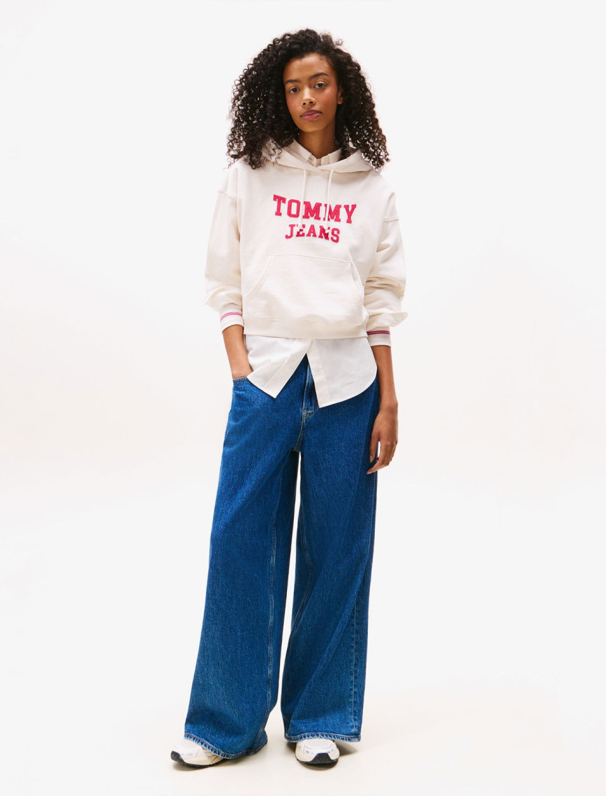 Tommy Jeans Crop Varsity Kadın Beyaz Hoodie Tommy Jeans Crop Varsity Kadın Beyaz Hoodie