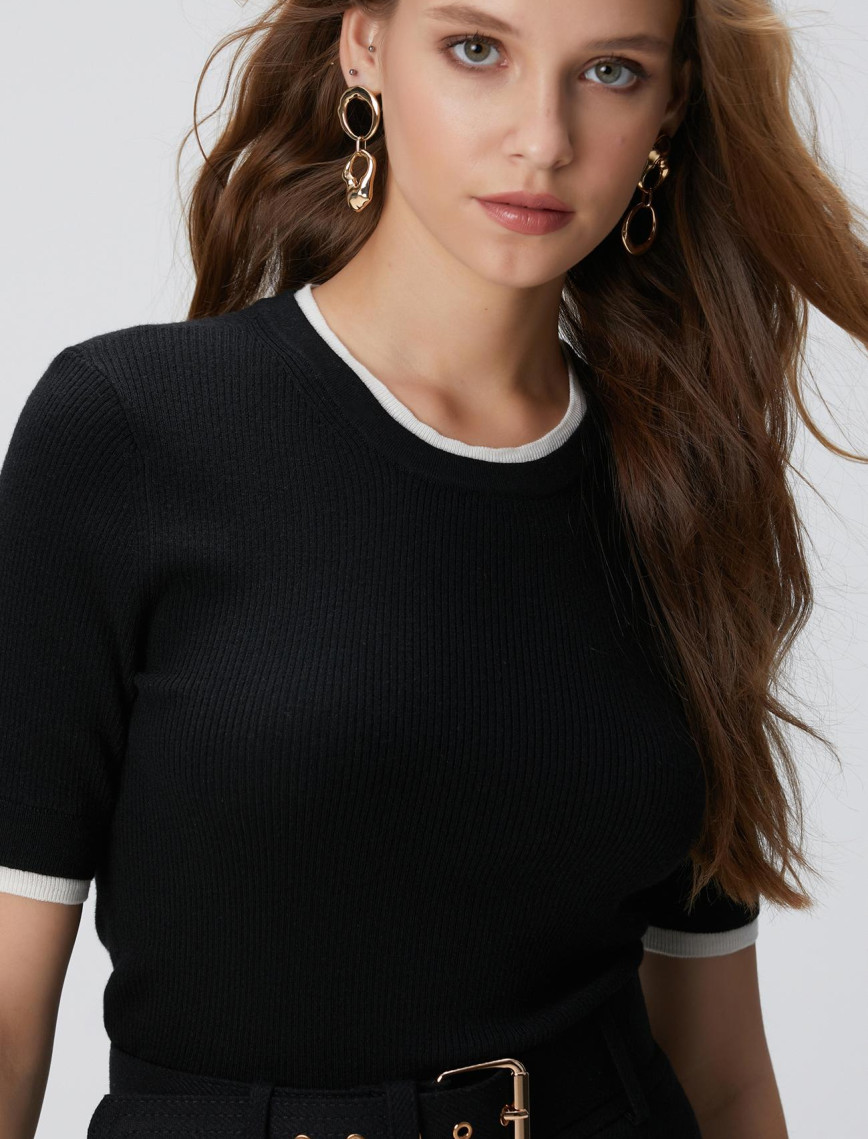 Network Kadın Siyah Çift Renkli Kısa Kol Triko Kazak Network Kadın Siyah Çift Renkli Kısa Kol Triko Kazak