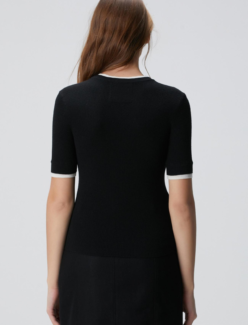 Network Kadın Siyah Çift Renkli Kısa Kol Triko Kazak Network Kadın Siyah Çift Renkli Kısa Kol Triko Kazak