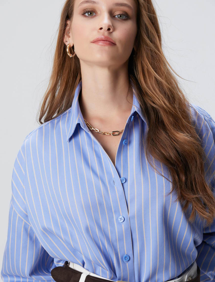 Network Kadın Mavi Bej Çizgili Non Iron Gömlek Network Kadın Mavi Bej Çizgili Non Iron Gömlek
