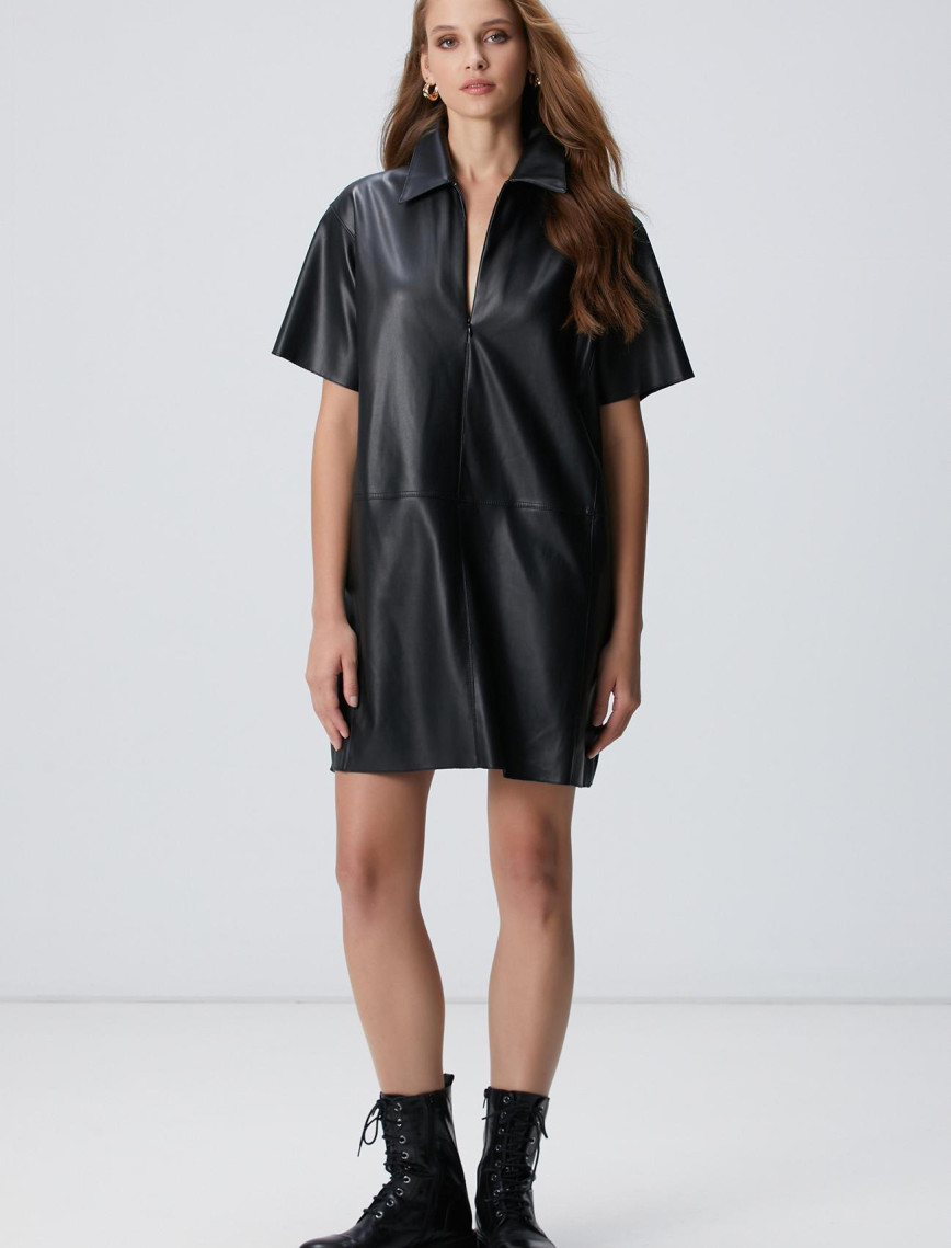 Network Kadın Siyah Mini Vegan Deri Elbise Network Kadın Siyah Mini Vegan Deri Elbise