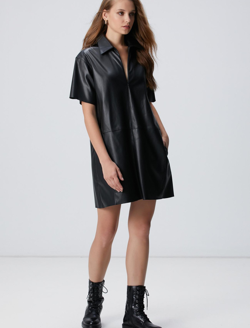 Network Kadın Siyah Mini Vegan Deri Elbise Network Kadın Siyah Mini Vegan Deri Elbise