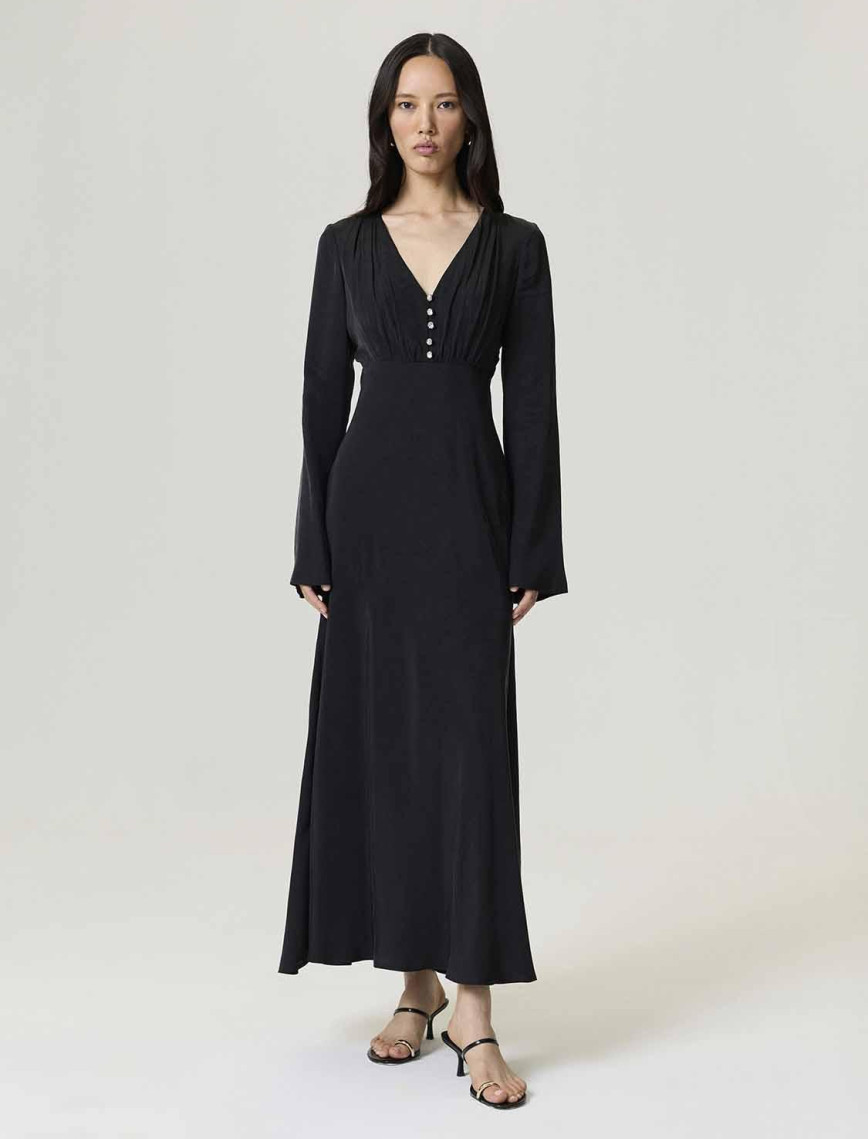 Kristal Düğme Aksesuarlı Maxi Elbise