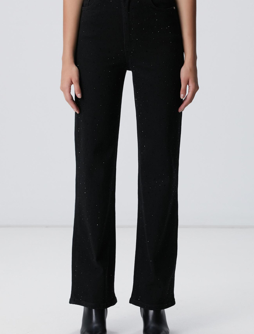 Network Kadın Siyah Geniş Paça Taşlı Pantolon